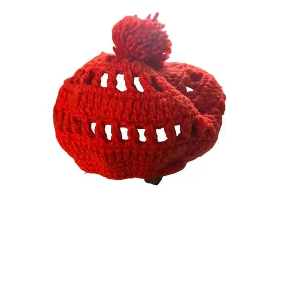 Vintage Deep Orange 100% Acrylic Made in Japan Knit Beanie Puff Top One Size - Picture 2 of 5